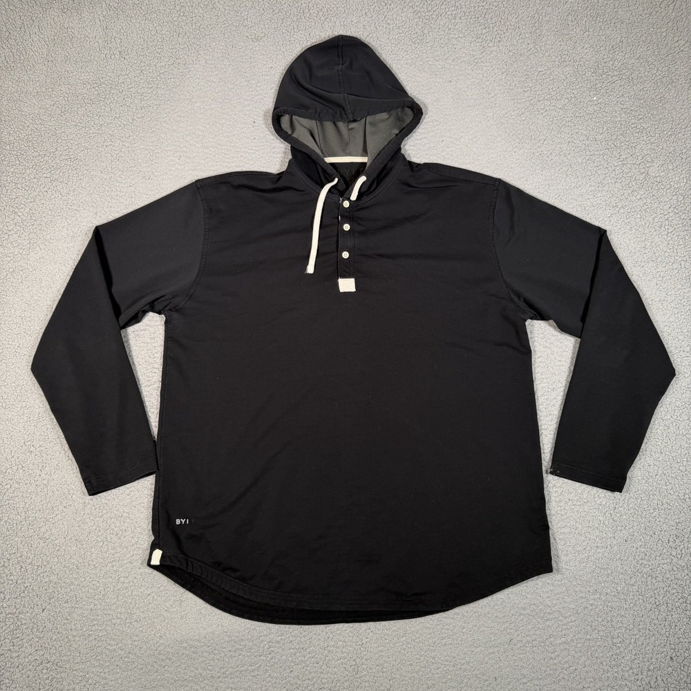 BYLT Drop Cut Hooded Henley Lux Shirt Mens XXL Black Pullover Casual Preppy Logo